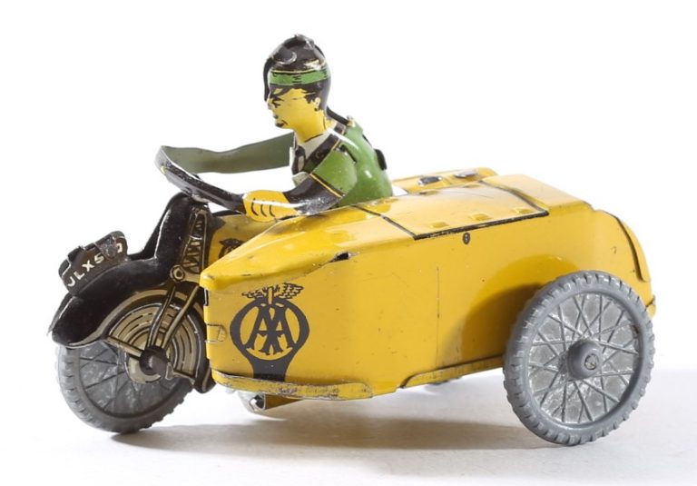 Mettoy tinplate clockwork motorcycle with wingspan “Automobile Association” (AA) #