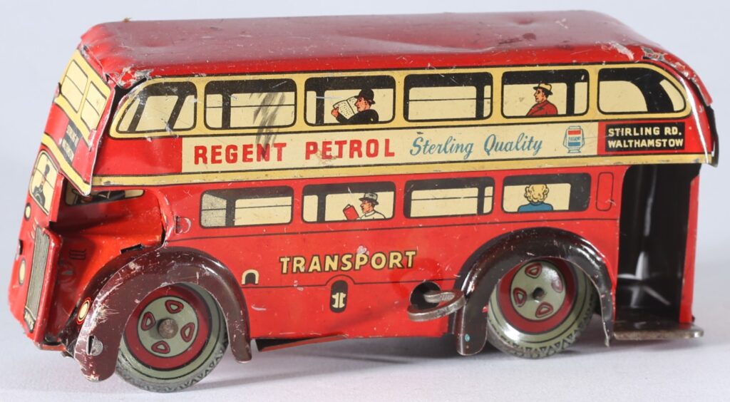 Vintage WELLS / BRIMTOY tinplate clockwork London doubledecker #