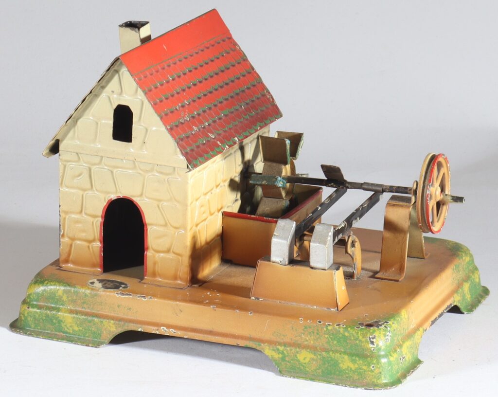 kallistoys-auctions-auktionen-antique-vintage-toys-antik-historisch-spielzeug-doll-cie-germany-tinplate-blech-watermill-with-hammer-mill-wassermuhle-mit-hammerwerk-1a