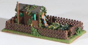 Vintage toys premanufactured wood house H0 gauge PREISER garden spot with figure #1102