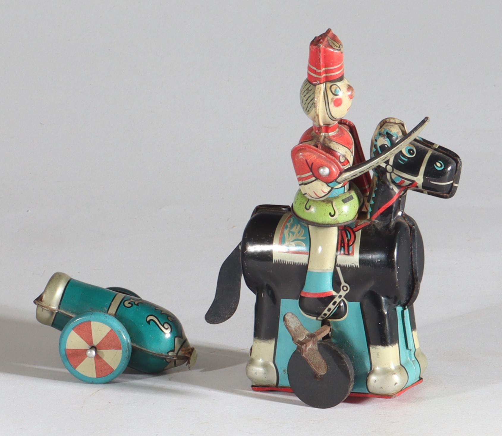 toplay-tps-japan-tinplate-blech-toy-spielzeug-cavalry-circus-horse-with-cannon-1e