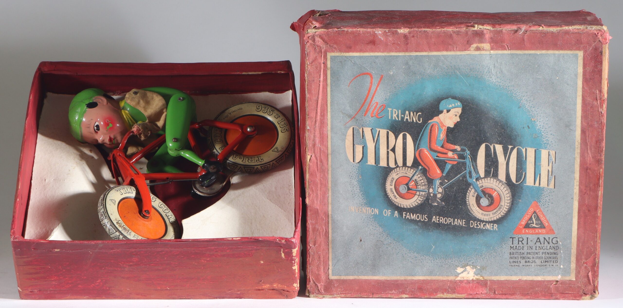 IMG_6729-1 Tri-ang Gyro Cycle Tinplate Cyclist Toy with Original Box England 1930s