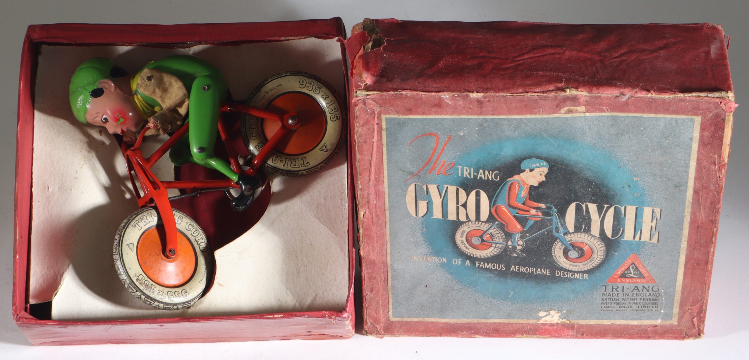 IMG_6730-1 Tri-ang Gyro Cycle Tinplate Cyclist Toy with Original Box England 1930s