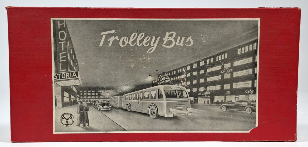 Eheim H0 gauge blue trolleybus motorcar and trailer set with accessories in OB, 1950s
