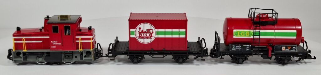 LGB G gauge (IIm) goods train with Swiss FO diesel loco, container wagon and tank wagon