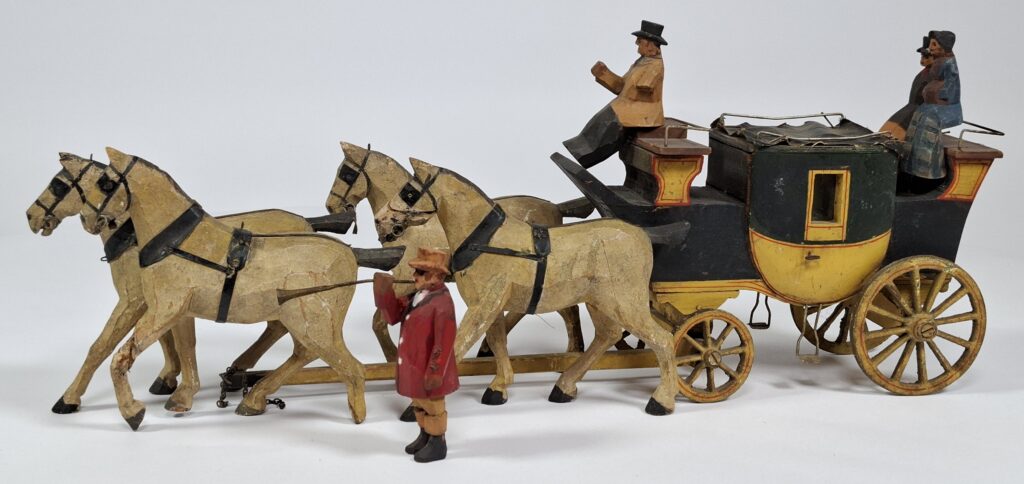 Preussische Postillon Postkutsche Holz, handgeschnitzte Pferde und Figuren ca. 50-60 cm um 1900