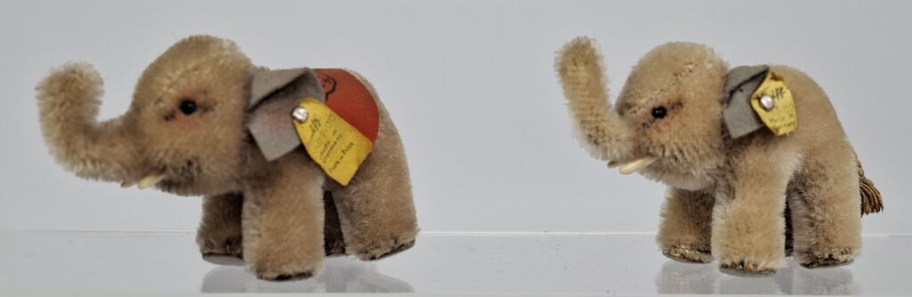 Steiff pair of plush elephants with ear buttons and yellow tags, 1950s, suitable as 1 gauge loads